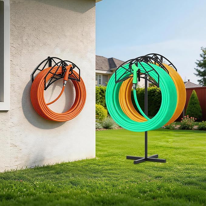 Garden Hose Holder Heavy Duty Water Hose Holder Holds 160 FT * 2 Hoses 4 Spikes Hose Reel Freestanding Hose Hanger Sturdy Hose Storage Stand with 90°Rotatable Hook for Outside Yard Lawn