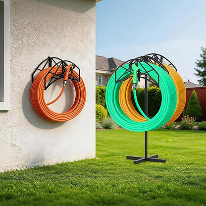 Garden Hose Holder Heavy Duty Water Hose Holder Holds 160 FT * 2 Hoses 4 Spikes Hose Reel Freestanding Hose Hanger Sturdy Hose Storage Stand with 90°Rotatable Hook for Outside Yard Lawn