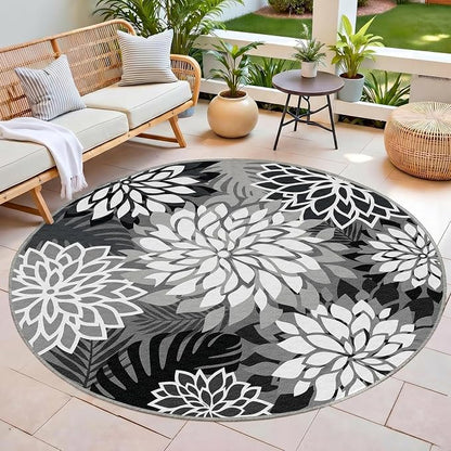 6x6 Outdoor Area Rug Washable Multicolored Patio Rug Tropical Botanical Floral Chenille Waterproof Outdoor Carpet Non-Slip for Patio, Deck, Backyard, Porch, Black