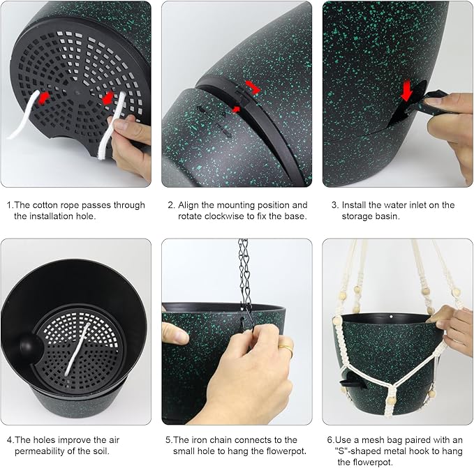 10 inch Self Watering Hanging Planters, 2 Pack Hanging Flower Pots for Indoor Outdoor Plants, Hanging Baskets with Drainage Holes & 2 Kinds of Plant Hangers for Home Decor, Speckled Black