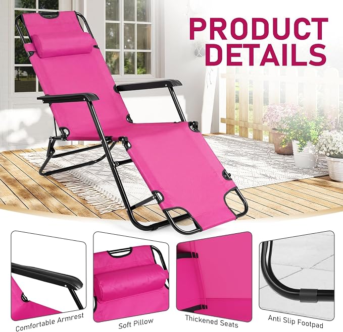 Outvita Folding Chaise Lounge Chair, Outdoor Adjustable Recliner Chair with Pillow for Camping, Beach, Poolside, Garden, Backyard, Lawn