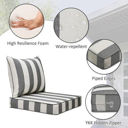 Outdoor Patio Chair Cushions Set, 24" x 24", Set of 2, Water-Repellent, Fade Resistant, Deep Seat Bottom and Back Cushion for Backyard, Couch, Sofa and Patio Furniture, Gray Stripe