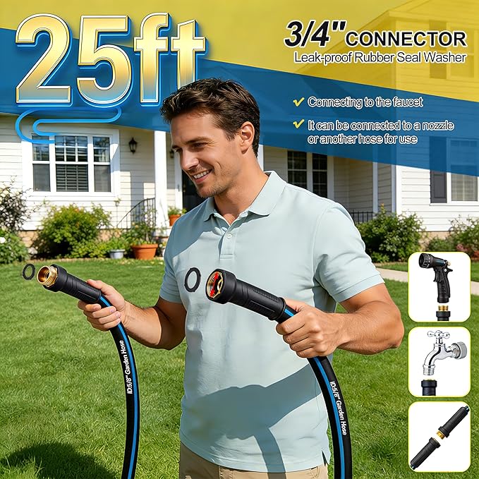 Heavy Duty 5/8 in x 25FT Non-Expandable Garden Hose, Lightweight Rubber Hybrid Water Hose, Kink Resistant Flexible & Durable, Leak-Free 3/4" Brass Male to Female Fittings for Lawn Patio