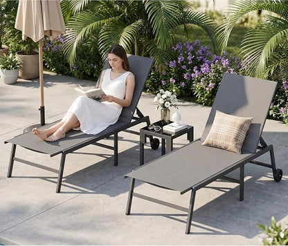 UDPATIO Outdoor Lounge Chairs Set of 2 with Side Table Poolside Chaise Lounge Chair with Wheels 5-Position Backrest Reclining Rust Free for Patio Deck