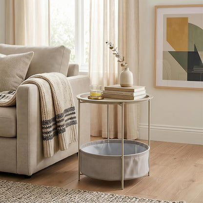 VECELO Round Side/End Table with Fabric Storage Basket，Metal Anti-Rust and Waterproof Small Bedside Nightstand with Removable Tray Top for Living Room，Balcony & Laundry，Grey /1pcs with Basket