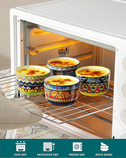 vancasso Ramekins 6 oz Oven Safe, Bohemian Style Creme Brulee Ramekin Set of 6, Porcelain Souffle Dishes Pudding Custard Cups for Baking Ramiken Bowls for Ice Cream