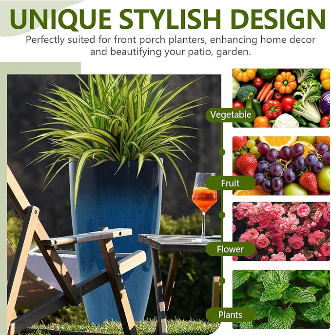 Set of 2 Large 21" Tall Planters for Indoor Outdoor, Heavy-Duty Resin with Drainage Holes & Unique Textured Design, Perfect for Porch, Patio, Backyard Home Decor, Blue