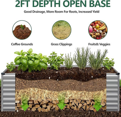 Vengarus 12x4x2FT Galvanized Raised Garden Bed Kit, Deep Root Planter Box Outdoor Large Planter Raised Beds for Planting Flowers,Vegetables and Herbs-Silver