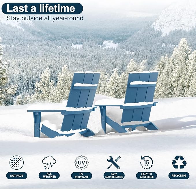 MXIMU Modern Adirondack Chairs Set of 8 Weather Resistant with Cup Holder Oversize Plastic Fire Pit Chairs Plastic Outdoor Chairs for Firepit Area Seating (Navy)