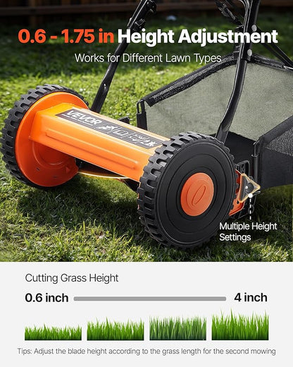 VEVOR Push Reel Lawn Mower 14 inch, 5 Blades Manual Push Mower No Motor, 0.6-1.75 in Adjustable Cutting Height, Walk-Behind Lawn Mowers with Grass Catcher Bag for Green Lawns, Driveways, Courtyards