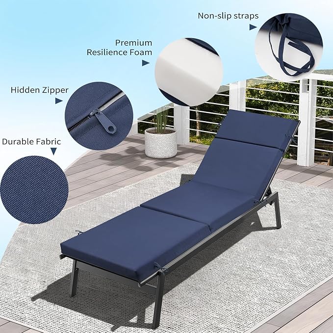 2 Pcs Outdoor Chaise Lounge Cushion 72" x 21" x 3", 4-Section Folding Patio Lounge Chair Cushion with Ties, Waterproof & Fade Resistant Replacement Cushion for Pool, Patio, Deck (Blue, 2 Pcs)