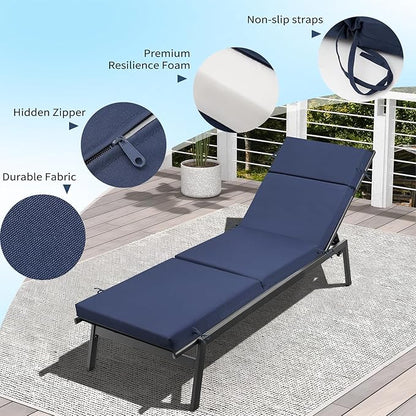 2 Pcs Outdoor Chaise Lounge Cushion 72" x 21" x 3", 4-Section Folding Patio Lounge Chair Cushion with Ties, Waterproof & Fade Resistant Replacement Cushion for Pool, Patio, Deck (Blue, 2 Pcs)