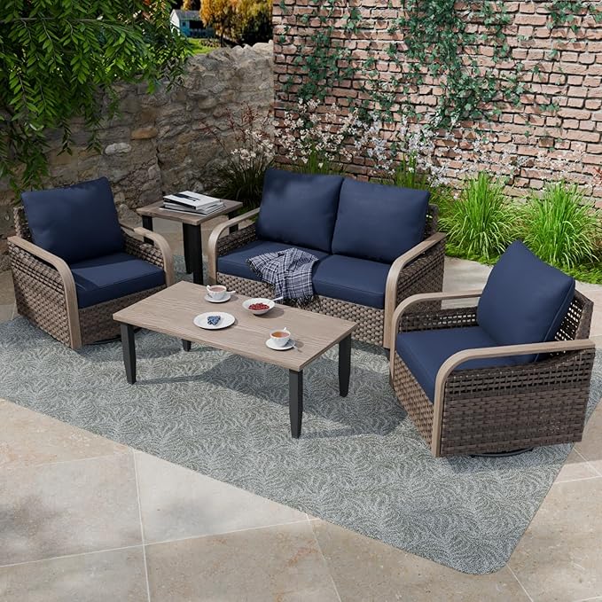 COOS BAY Modern Wicker Outdoor Furniture Set, Patio Conversation Set with Swivel Rockers, 2 Seat Loveseat, Coffee Table and Side Table, 5 Piece, Brown/Blue