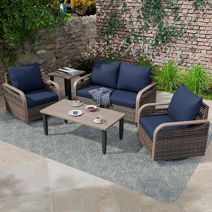 COOS BAY Modern Wicker Outdoor Furniture Set, Patio Conversation Set with Swivel Rockers, 2 Seat Loveseat, Coffee Table and Side Table, 5 Piece, Brown/Blue