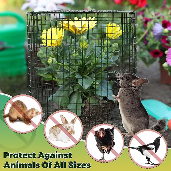 Hiboom 4 Set Garden Plant Protectors from Animals with Stakes, Metal Mesh and Detachable Covers Wire Plant Cage for Keeping Bunny Animals Out, Chicken Wire Cover Garden Protection (15.7x13)