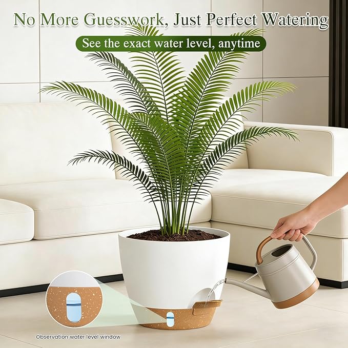 Plant Pots, 1 Pack 12 Inch Self Watering Pots with Drainage Holes, Water Level Indicator Deep Reservoir, Large Planters for Indoor Outdoor Plants - White Brown