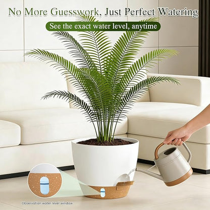 Plant Pots, 1 Pack 12 Inch Self Watering Pots with Drainage Holes, Water Level Indicator Deep Reservoir, Large Planters for Indoor Outdoor Plants - White Brown
