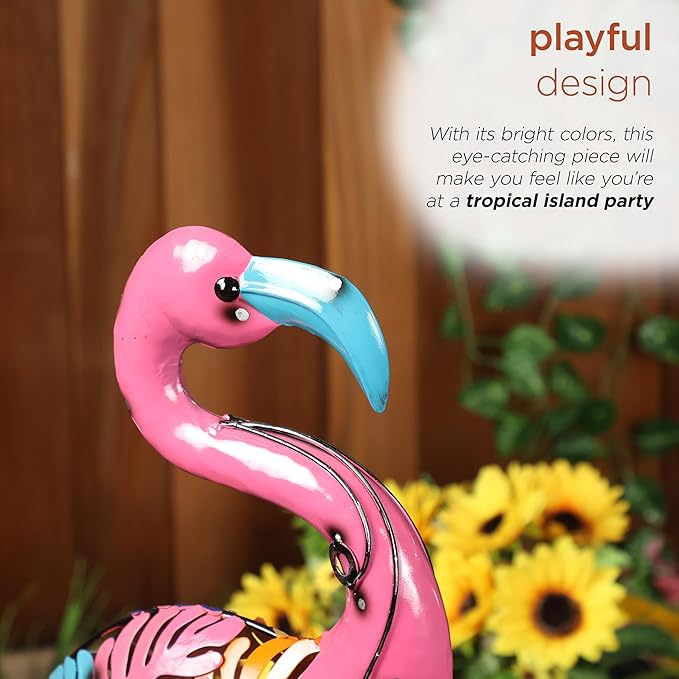 Alpine Corporation LYT276 Outdoor Metal Colorful Art Decor Palm Leaf Body Flamingo for Garden, Patio, Lawn, or Porch, 31" Tall, Multicolor