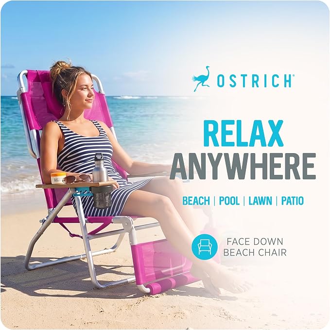 Ostrich The Original 3N1 Lightweight Lawn Beach Reclining Lounge | Chair with Footrest, Outdoor Furniture for Patio, Balcony, Backyard, or Porch, Pink