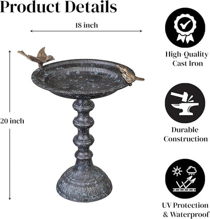 Evergreen Hummingbird Metal Bird Bath Bowl with Stand - Heavy Duty, Ground Standing Bird Bath and Feeder for Garden, Yard, Deck