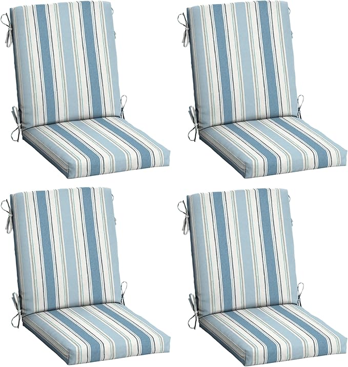 Arden 4-Pack Outdoor Patio Dining Chair Cushion, 20x44, Rain-Proof Seat Pad, Fade-Resistant Outdoor Cushion French Blue Linen Stripe