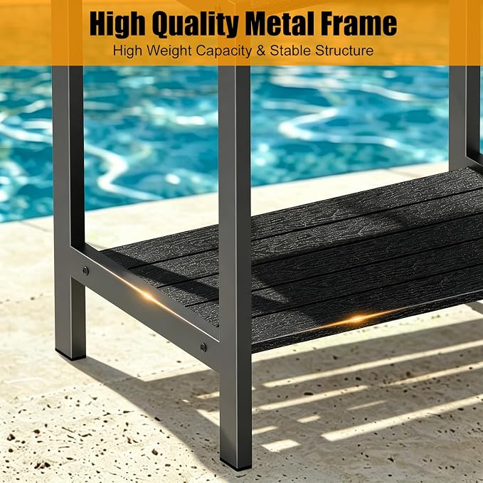 Outdoor Side Table with Storage,Weather-Resistant Square Patio End Tables,2-Tier Small Outdoor Accent Table for Backyard,Pool,Deck,Garden,Waterproof,Easy-to-Clean & Assembly,Black