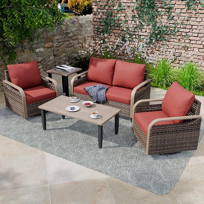 COOS BAY Modern Wicker Outdoor Furniture Set, Patio Conversation Set with Swivel Rockers, 2 Seat Loveseat, Coffee Table and Side Table, 5 Piece, Brown/Red