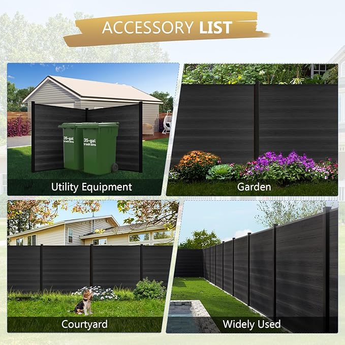 6 Feet×6 Feet Privacy Fence, Outdoor Wood Plastic Composite Fence Panel, Waterproof Security Barriers Fencing (Black with Two 7.6FT Posts)