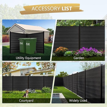 6 Feet×6 Feet Privacy Fence, Outdoor Wood Plastic Composite Fence Panel, Waterproof Security Barriers Fencing (Black with Two 7.6FT Posts)
