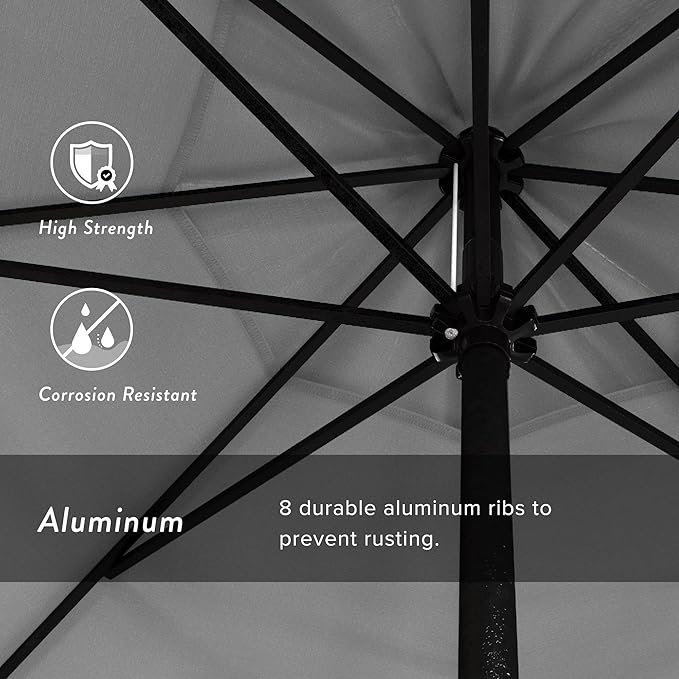 California Umbrella 9' Rd Aluminum Patio Umbrella, Crank Lift, Auto Tilt, Black Finish, 4yr Fade Warranty, Natural