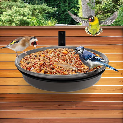 Fence Bird Feeders Tray - Tree Mounted Wild Bird Bath for Outdoors Place Food Water, Installed on Deck Wall Stakes with Heavy Duty Iron Ring, 8.3'' Dia. (Grey)