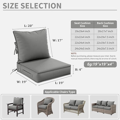 Premium Outdoor Seat Cushion Chair Cushions for Patio Furniture 19 L X 19 W X 4 H Waterproof & Fade Resistant Deep Seat and Backrest Cushion Set with Removable Covers for Chair, Sofa