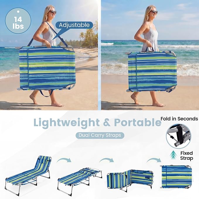 Giantex Set of 2 Tanning Chair with 5 Adjustable Position, Face & Arm Hole, Hand/Shoulder Strap, Removable Pillow, Side Pocket, Load 330 Lbs, Outdoor Lounge Chair for Sunbathing, Beach, Stripe