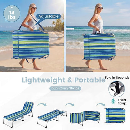 Giantex Set of 2 Tanning Chair with 5 Adjustable Position, Face & Arm Hole, Hand/Shoulder Strap, Removable Pillow, Side Pocket, Load 330 Lbs, Outdoor Lounge Chair for Sunbathing, Beach, Stripe