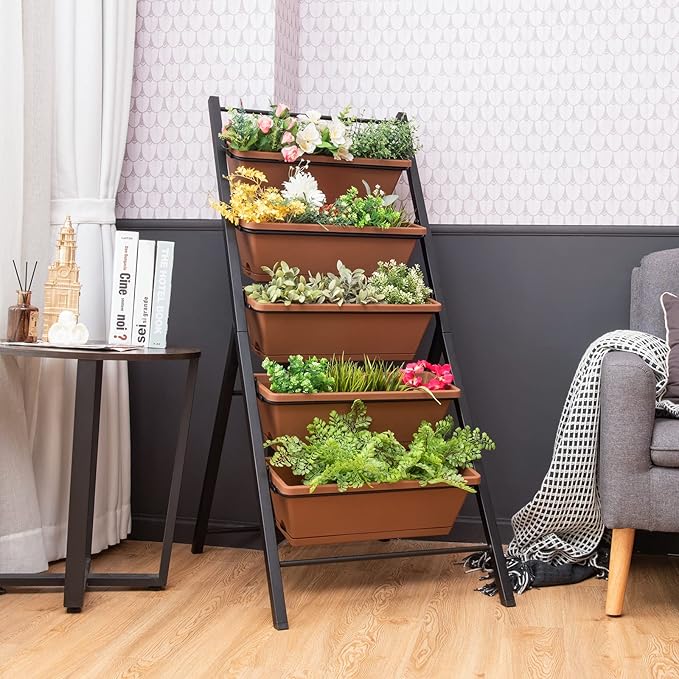 Giantex Vertical Planter Raised Bed, Elevated Garden Beds with Water Drainage Hole, Freestanding 5 Container Boxes for Herb Vegetables Flowers Growing, Outdoor Indoor Patio Balcony (Brown, 1)