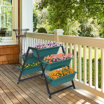 3 Tier Vertical Raised Garden Bed,Plastic & Metal Tiered Planter Stand,Foldable Indoor/Outdoor Plant Display Rack,Flower Planter Raised Stand,with 5 Boxes,for Patio Lawn Porch Yard Balcony (Green)