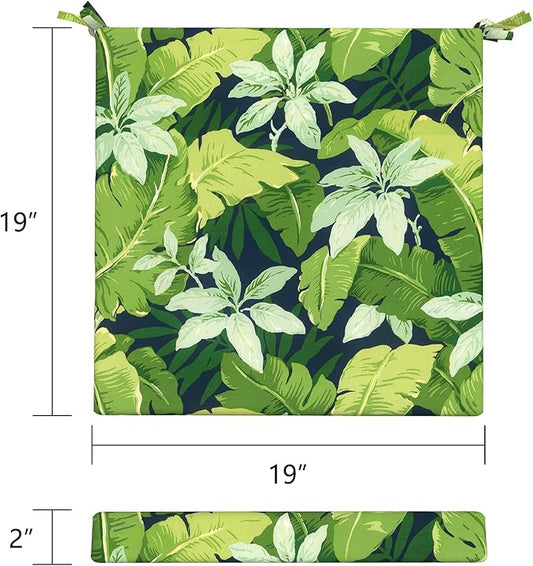 LVTXIII Outdoor Chair Cushions 19"x19"x2" Pack of 2, Water-Repellent Square Corner Memory Foam Seat Cushions with Ties for Garden Patio Furniture, Jungle Leaves