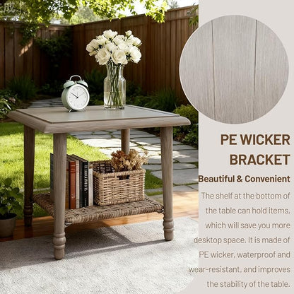 2-Tier Outdoor Side Table, 20.1 Inch Hand-Painted Wood Grain Patio Table with PE Rattan Shelf, All-Weather Accent Table for Porch, Balcony, Garden & Living Room