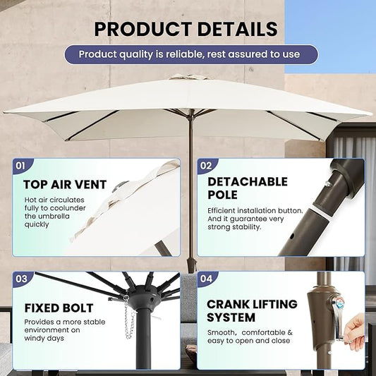Ayge 8x10FT Large Rectangular Patio Umbrella Outdoor Table Umbrella w/Crank Rectangle Market Umbrella UV Protection for Garden, Deck,Lawn,Yard & Pool,White