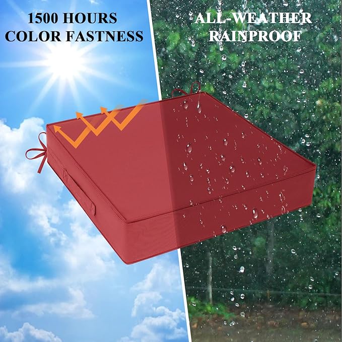 Outdoor Chair Cushions 19x19x4 Inch, Waterproof Red Patio Furniture Cushions Set of 2 with Ties & Handle, 3 Year Color Fastness Square Replacement Seat Cushions for Sofa, Couch