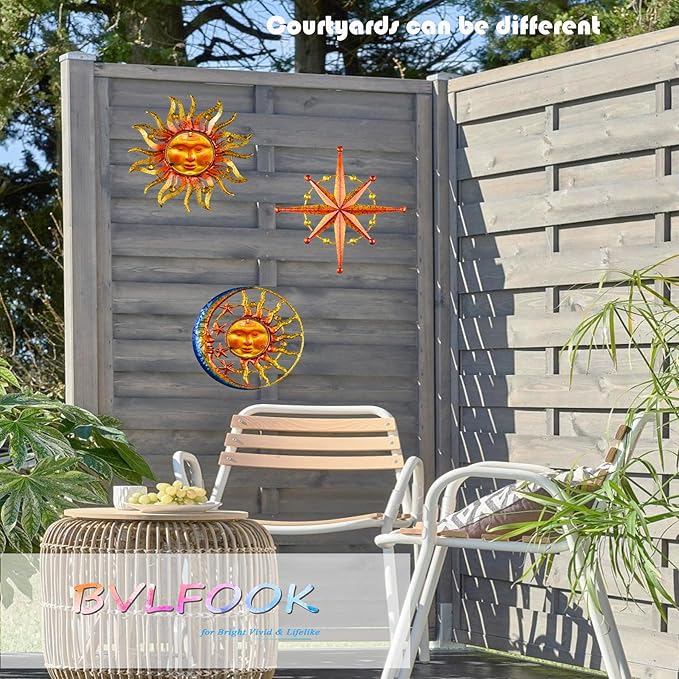 Sun Moon Star Metal Wall Art, Glass Sun Face Weird Decor, Set of 3, Valentine Wall Decor for Patio Garden Balcony Porch Yard, Farmhouse Bedroom Living Room Wall Decorations