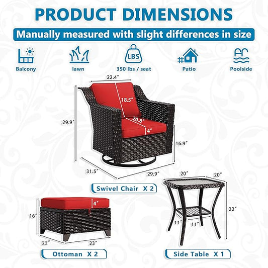Vista Vibe 5 Pieces Outdoor Rattan Patio Conversation Furniture Set - 360 Degree Swivel Glider Rocker Chairs | Coffee Table | 2 Wicker Ottomans, Premium & Washable Cushions, Terrace (Brown/Red)
