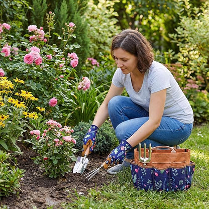Lothee 8 Pcs Gardening Tool Set 12.6x6.3x10.4 Inch Multi-Pocket Large Floral Tote Bag with Leather Gloves Stainless Steel Garden Tools Kit for Digging Planting Weeding Pruning, Garden Gift for Women