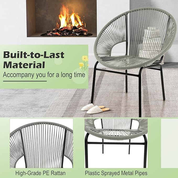 COSTWAY 3-Piece Outdoor Acapulco Chair Set, Wicker Conversation Bistro Sets with Plastic Rope, Glass Top Table, Patio Rattan Furniture Set for Garden, Balcony, Lawn, Backyard, Apartment, Grey