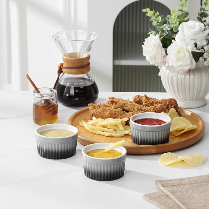 MALACASA Ramekins 4 oz Oven Safe, Small Ceramic Souffle Dishes for Creme Brulee Souffle, Stoneware Custard Cups Ramiken for Baking, Baking Bowls Dipping Sauce Dish Set of 6, Grey, Series RAMEKIN-DISH