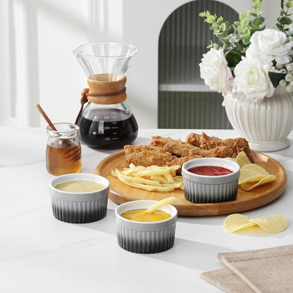 MALACASA Ramekins 4 oz Oven Safe, Small Ceramic Souffle Dishes for Creme Brulee Souffle, Stoneware Custard Cups Ramiken for Baking, Baking Bowls Dipping Sauce Dish Set of 6, Grey, Series RAMEKIN-DISH