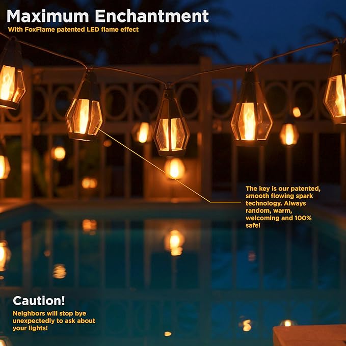 Solar String Lights Outdoor Waterproof - 10 Flickering LED Bulbs with Patented Flame Effect, 21 ft Solar-Powered Solar Hanging Lights Outdoor for Patios, Porches, Fences, Gardens & Decorative Ambiance