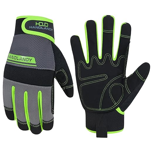 HANDLANDY Work Gloves Mens & Women, Utility Safety Mechanic Working Gloves Touch Screen, Flexible Breathable Yard Work Gloves (Medium, Green)