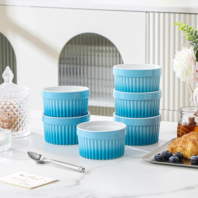 MALACASA Ramekins 6 oz Oven Safe, Small Ceramic Souffle Dishes for Creme Brulee Souffle, Stoneware Custard Cups Ramiken for Baking, Dessert Bowls Dipping Sauce Dish Set of 6, Blue, Series RAMEKIN-DISH