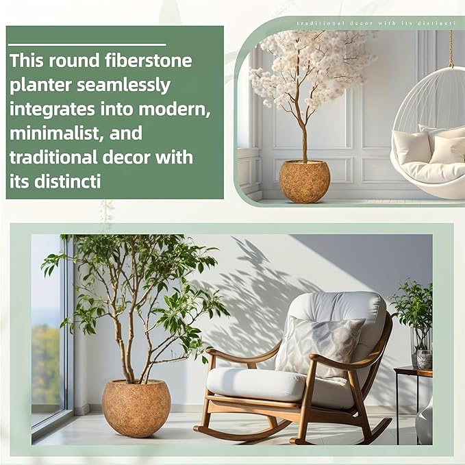 10 H x 14" Dia (10" Pot Opening) Round Fiberstone Planter with Drainage Hole, Indoor/Outdoor Large Plant Pot for Home Patio Garden, Ideal for Large Plants -Camel